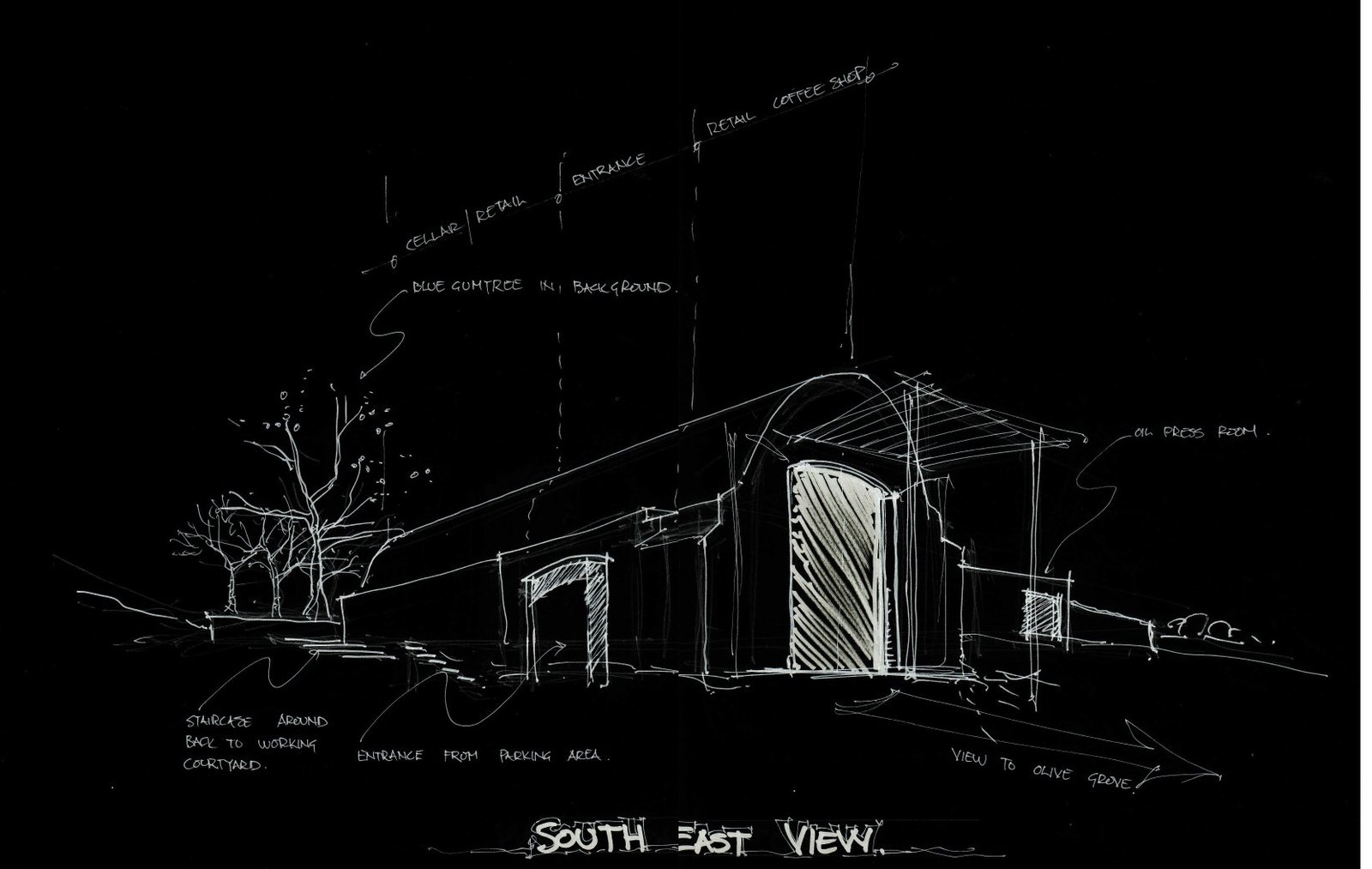 Olijven Hof, Montagu — perspective sketch, Nubian vault and farmyard